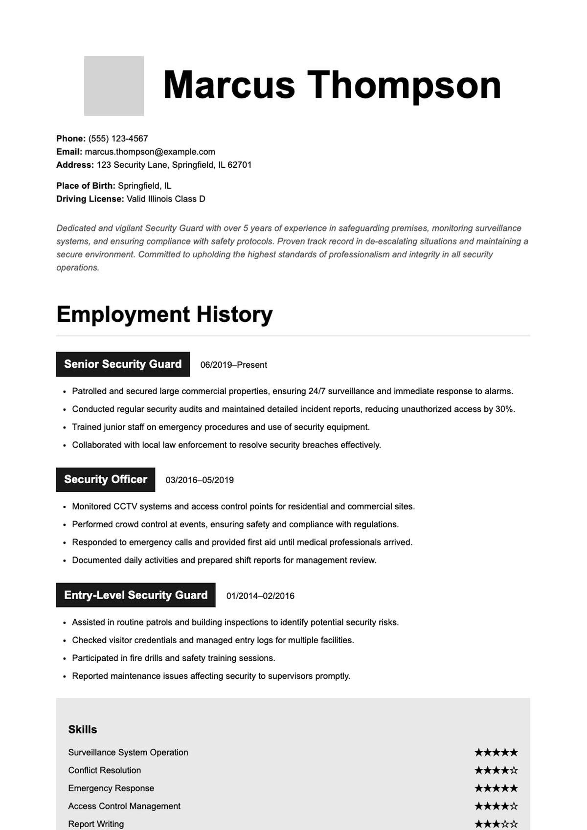 Professional security guard resume with profile employment history skills and languages_variant_3